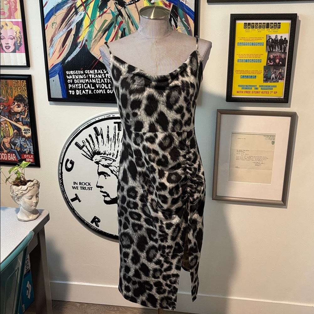 Socialite Black and White Slip Leopard Print Midi Dress Sz Medium